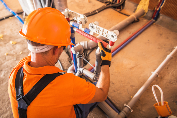 The Competent Person - A technician wearing PPE is installing pipes on a building site.
